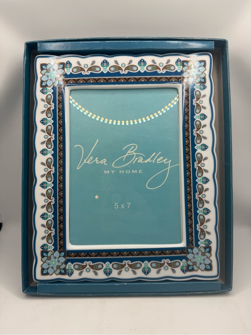 Vera Bradley My Home picture frame is designed for a 5x7 blue paisley pattern